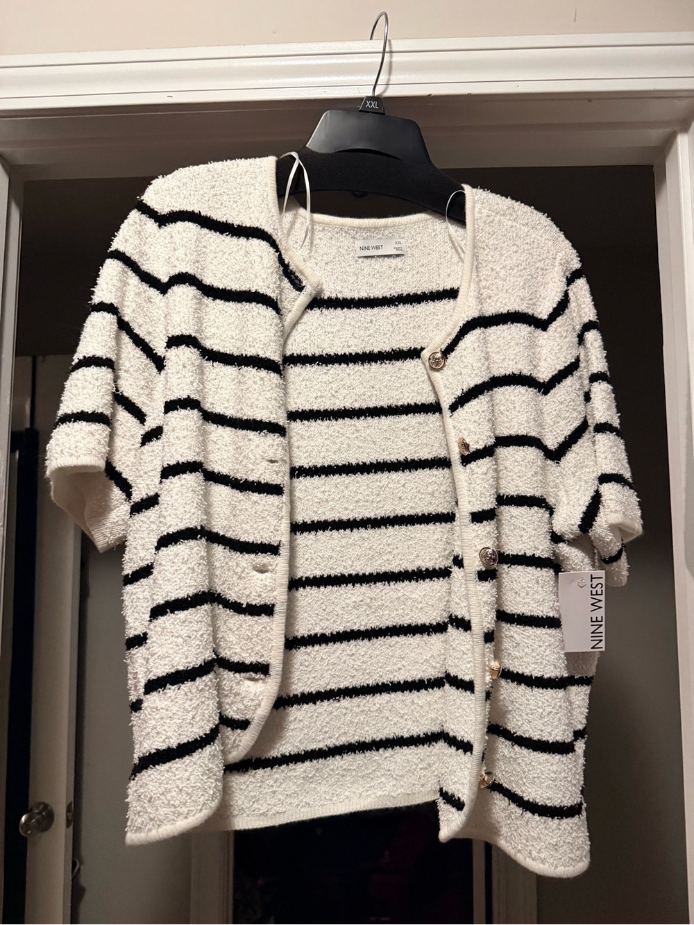 Nine West Cream & Black Striped Short-Sleeve Cardigan